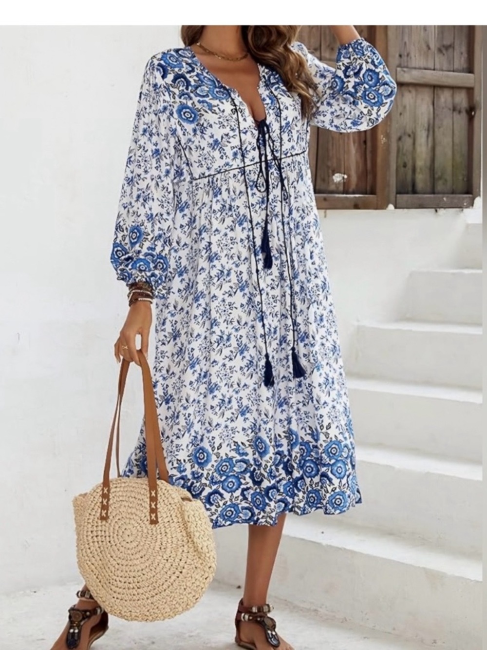 Blue Floral Midi Dress with Tassel Tie and Long Sleeves